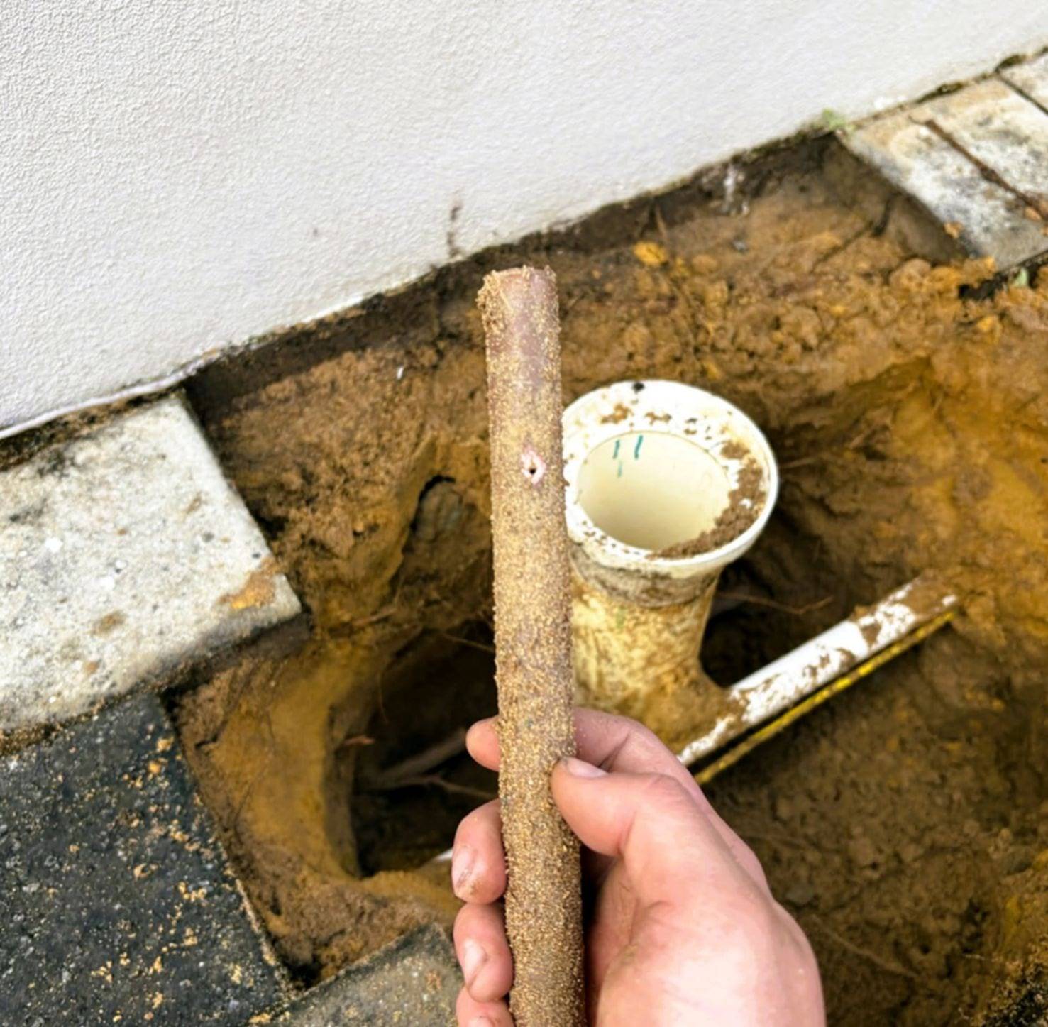 Hand holding a dirt-covered section of copper pipe with a small pinhole, above an excavated hole next to a house wall and a white drain fitting