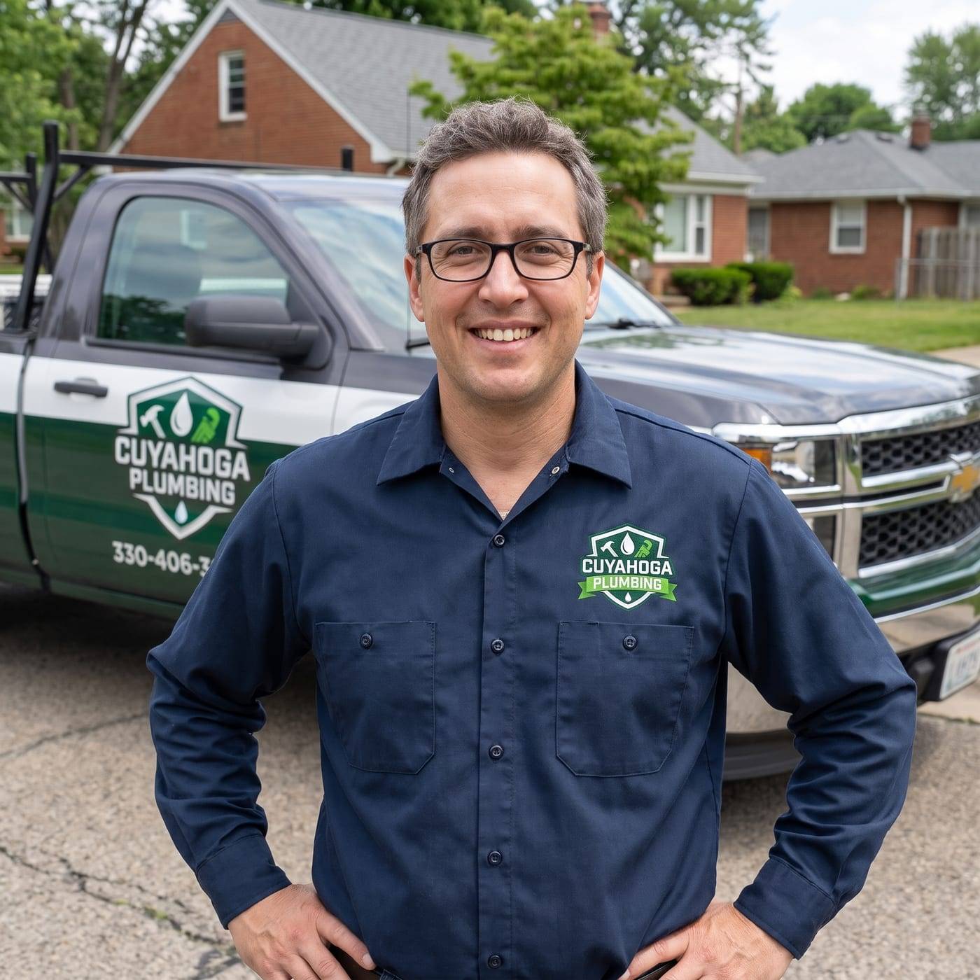 Declan Willis, manager of Cuyahoga Plumbing, smiling in a navy work shirt with the company logo, standing in front of the service truck